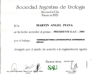 Premio Presidente de la Sociedad Argentina de Urología. 2004 Premio Presidente de la Sociedad Argentina de Urología. 2004